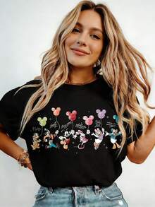 Summer T-Shirt, Suitable For Daily Wear, Easy To Wear In Summer, Micro-Elastic, Soft Round Neck Casual Daily Coat, Including Disney Fashion Print, Round Neck Summer Sweatshirt, Both Men And Women, Holiday Gifts - 黑色 - 查看 1