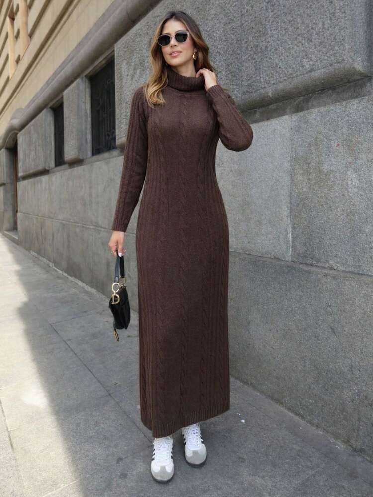 Long Dress High Neck Long Sleeve Knit Winter Knit Loose Plus Size M To GG Pregnant - 咖啡 - 查看 1