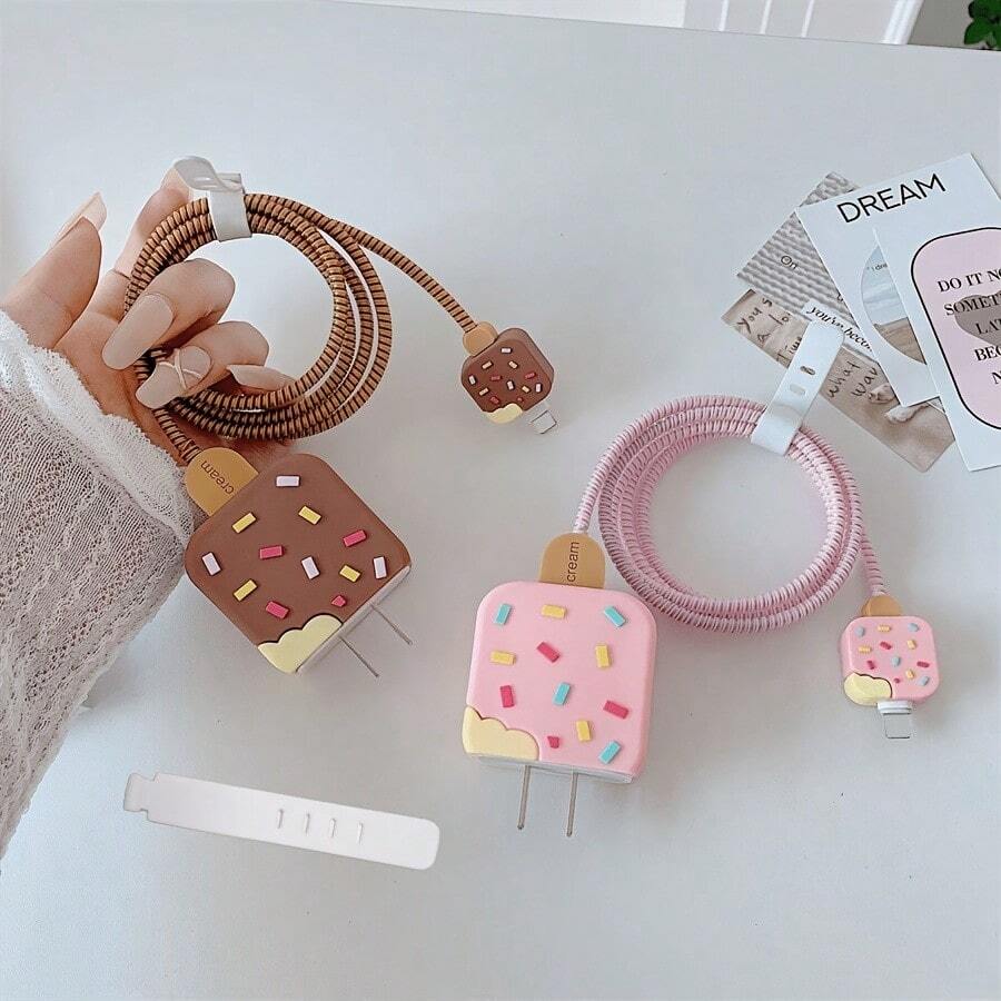 5 chiếc ốp bảo vệ cáp sạc hình kem dễ thương, bao bảo vệ cáp dữ liệu tương thích với bộ sạc Apple 20W, vỏ cuộn dây cáp cho bộ chuyển đổi. - Màu nâu Sô-cô-la - Xem 1