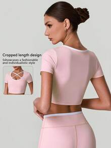 Women's Summer Color Block Low-Neck Crossover Straps Short-Sleeve Crop Top T-Shirt With Chest Pads For Yoga Pilates Fitness Running Sports - Pink - View 1