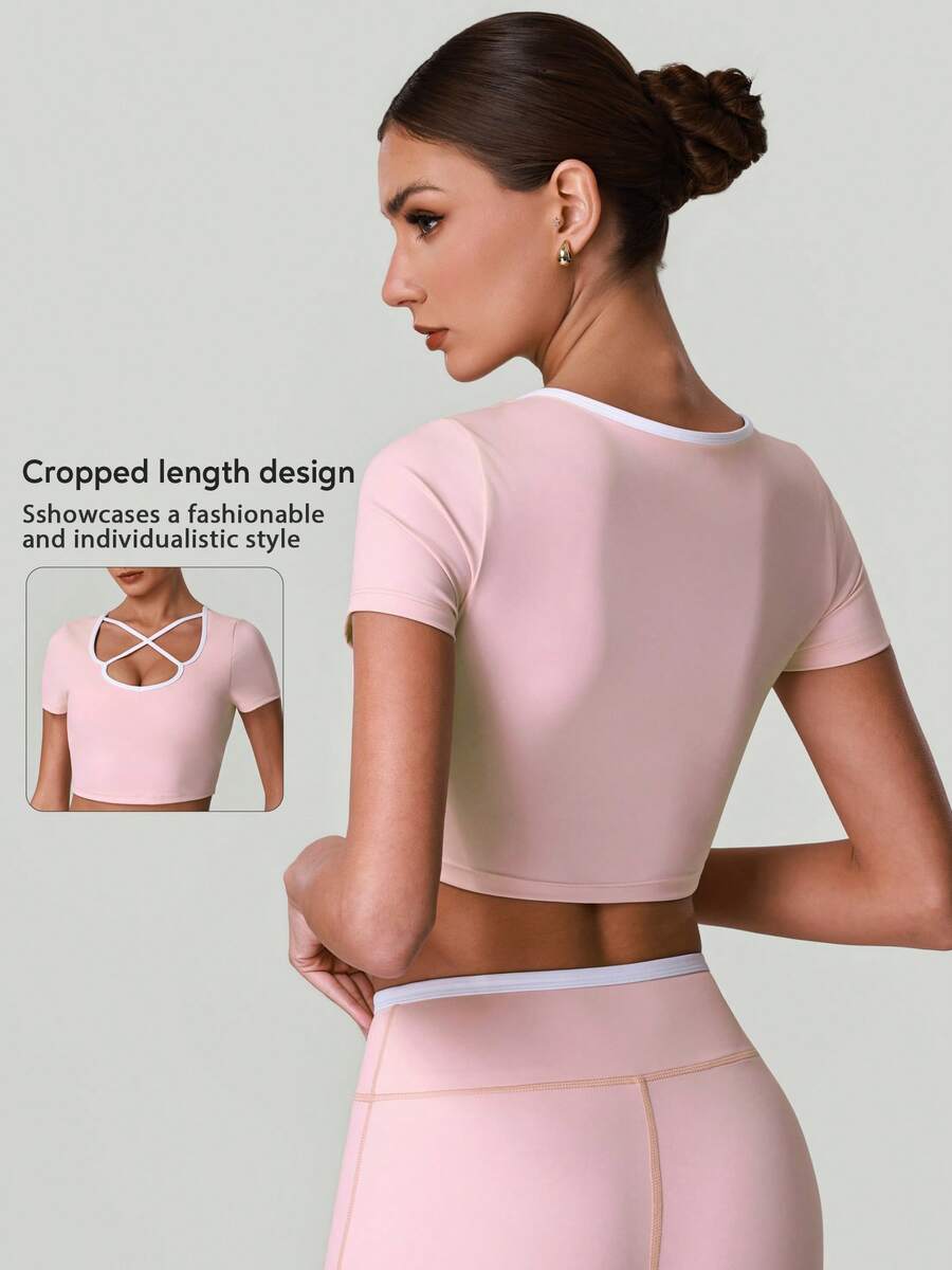 Women's Summer Color Block Low-Neck Crossover Straps Short-Sleeve Crop Top T-Shirt With Chest Pads For Yoga Pilates Fitness Running Sports - Pink - View 1