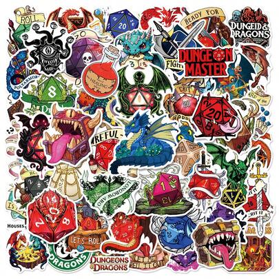 50pcs Cartoon D&D Theme Stickers, No Repeated Waterproof Vinyl Decals For Laptop, Helmet, Water Bottles, Phone, Scrapbooking, Luggage -Creative Decoration Stickers Durable Party Gifts Favor, New Year, Birthday Decorations
