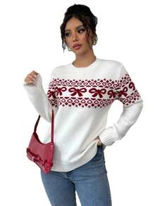 Jersey Mujer 2026 Estilo Americano Cuello Redondo Lazo Contraste Colección Navidad - Blanco - Ver 4