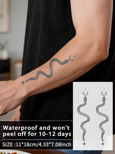 1Pc Men Tattoo Fake Temporary Tattoos Y2K Snake Minimalism Semi Permanent Tattoo Waterproof Sweatproof Last For 1-2 Weeks Realistic Herbal Juice Anti-Friction Non-Reflective Black For Woman And Men Tattoo Stickers For Arm, Chest, Leg, Abdomen, Waist, Finger, Neck, Spine, Modernist Body Art
