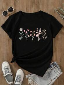 1pc Women's Clothing Floral Botanic Print Black TShirt, Shirts, White Top, Graphic Tees Women, Unisex Casual Crew Neck Tshirt, Lightweight 220gsm Knit Fabric, Machine Washable, For Spring/Summer/Fall Valentine's Day Christmas Thanksgiving - màu đen - Xem 1
