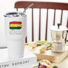 30oz Stainless Steel Tumbler Black White Options,  Ghana Flag Design With Star And Colors Graphic Cups, Insulated Travel Coffee Mug With Lid And Straw , Double Wall Vacuum Reusable Travel Cups, Funny Birthday Party Gift For Women & Men - 白色 - 查看 2
