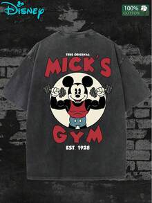 Disney Mickey Mouse Mick's Gym T-Shirt Men 100% Cotton Washed Vintage Double Sided Print Bodybuilding EST.1928 Graphic Tee Casual Short Sleeve Tops. - 黑色 - 查看 5