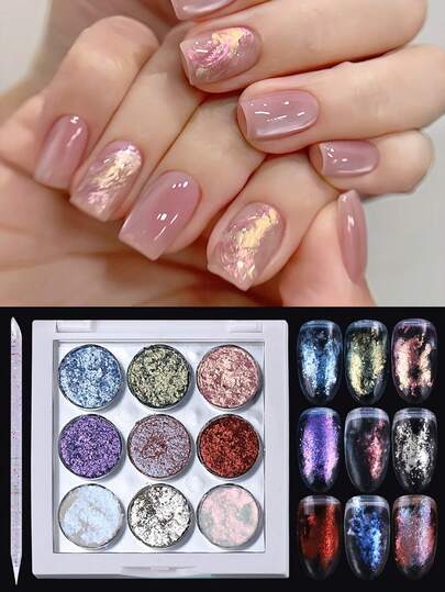 9格极光蛋白石美甲亮片全息变色龙纯色指甲粉虹彩闪光指甲片美甲颜料美甲饰品装饰配水晶棒工具春夏美甲沙龙配件