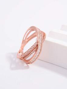 Jessie Jewelry 1pc Elegant Shiny Unique 925 Sterling Silver Cubic Zirconia Two-Stone Cross X-Shaped Design Ring For Women, Dating Charm Gift - Rose Gold - View 5