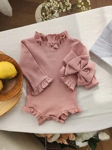 女婴纯棉罗纹喇叭袖连体衣+蝴蝶结发带甜美套装，春秋季 - 西瓜粉 - 查看 2