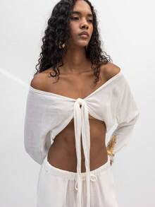 Iscose Blend Tie Front Crop Top - Boho Off White Off The Shoulder Long Sleeve Blouse - Cream - View 3