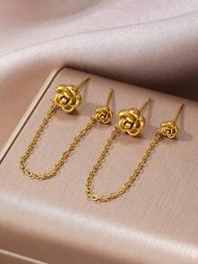 2pcs Elegant Camellia Flower Ear Cuff Earrings With Chain, Double Ear Cartilage Piercing Earrings, 18K Gold Plated Stainless Steel Fashion Jewelry, Women Daily Accessories - Gold - View 4