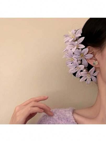 1pc Women's Lavender 3D Floral Faux Pearl Hair Clip, Suitable For Weddings, Banquets, Parties, And Photo Shoots, Headpiece, Bun Extension, Hair Styling Pins