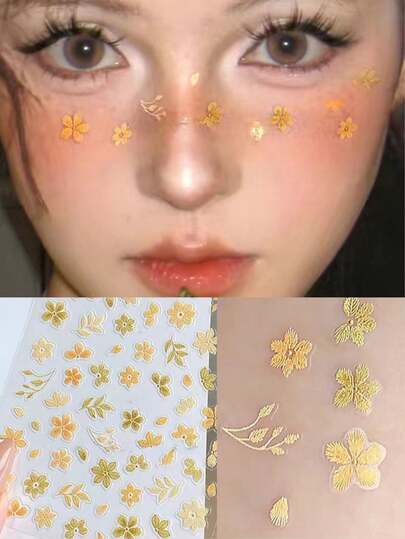 2pcs Orange Flower & Leaf Face Stickers, Spring Makeup Floral Petal Decor For Concerts, Children's Stage Performance, Photography, Music Festivals