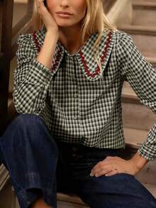 Camisa de manga larga con botones, cuello y ribete de contraste a cuadros, para primavera - Cuadros blancos y negros - Ver 2