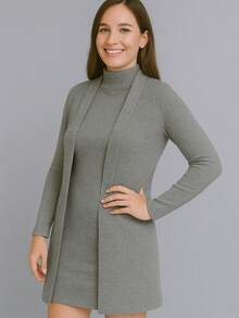 Winter Set: Cardigan + Tank Dress With Lace Collar - Light Grey - View 1