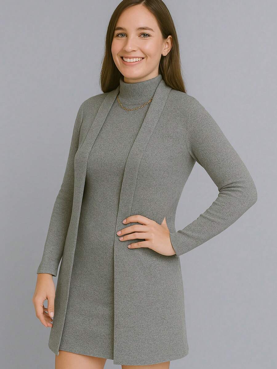 Winter Set: Cardigan + Tank Dress With Lace Collar - Light Grey - View 1