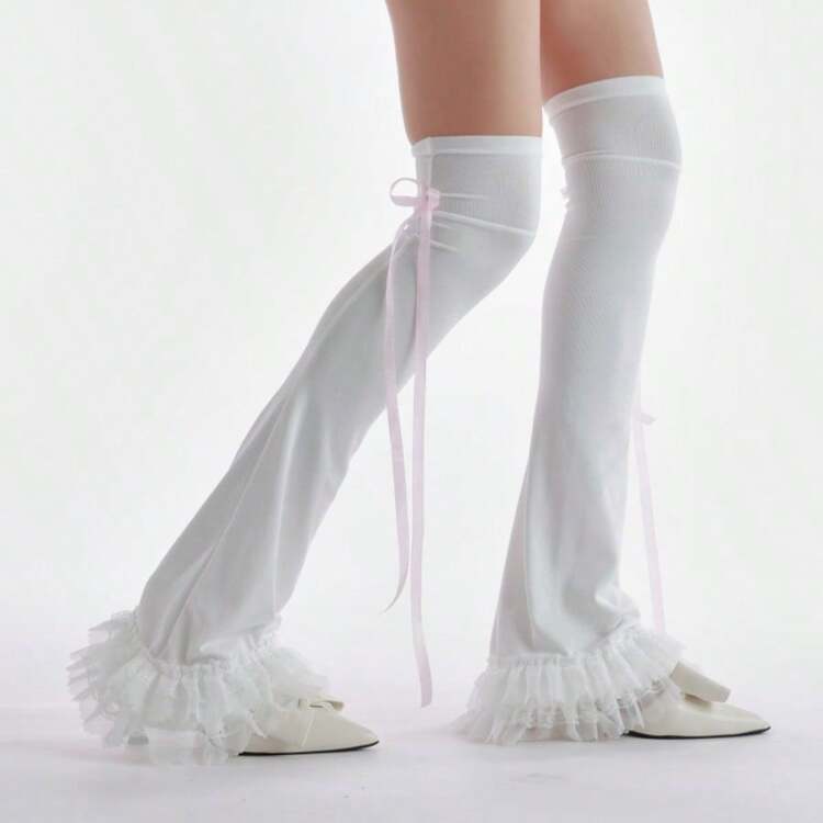 薄款亚文化弹力腿套，长款 JK 风格 Y2K 喇叭袜，蕾丝边拼接设计，女士款 - 彩色 - 查看 6