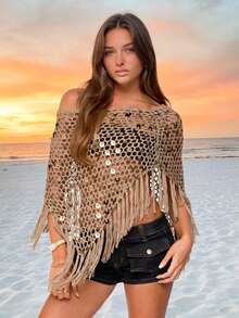 Women Sequin Tassel Hem Boho Crochet Shiny Cover Up Shawl, Suitable For Spring/Summer, Beach, Pool Party, Music Festival Vacation - Khaki - View 7