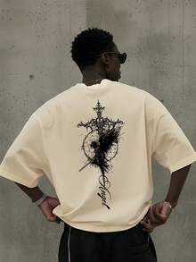 Fractyr 男士夏季时尚简约哥特风装饰花卉印花圆领短袖T恤 | 基础款街头休闲百搭T恤，男友/老公礼物 - 杏色 - 查看 2