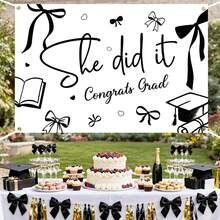 Black Bow Graduation Party Decorations Backdrop She Did It Congrats Grad Photography Background Coquette Class Of 2026 Graduation Party Banner For College High School Graduations Party Decor, Can Be Used As Wall Hanging, Graduation Party Decor - 查看 1