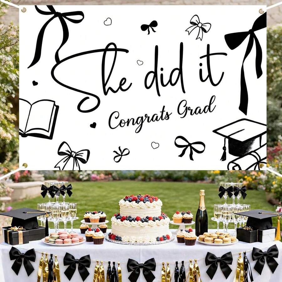 Black Bow Graduation Party Decorations Backdrop She Did It Congrats Grad Photography Background Coquette Class Of 2026 Graduation Party Banner For College High School Graduations Party Decor, Can Be Used As Wall Hanging, Graduation Party Decor - 查看 1