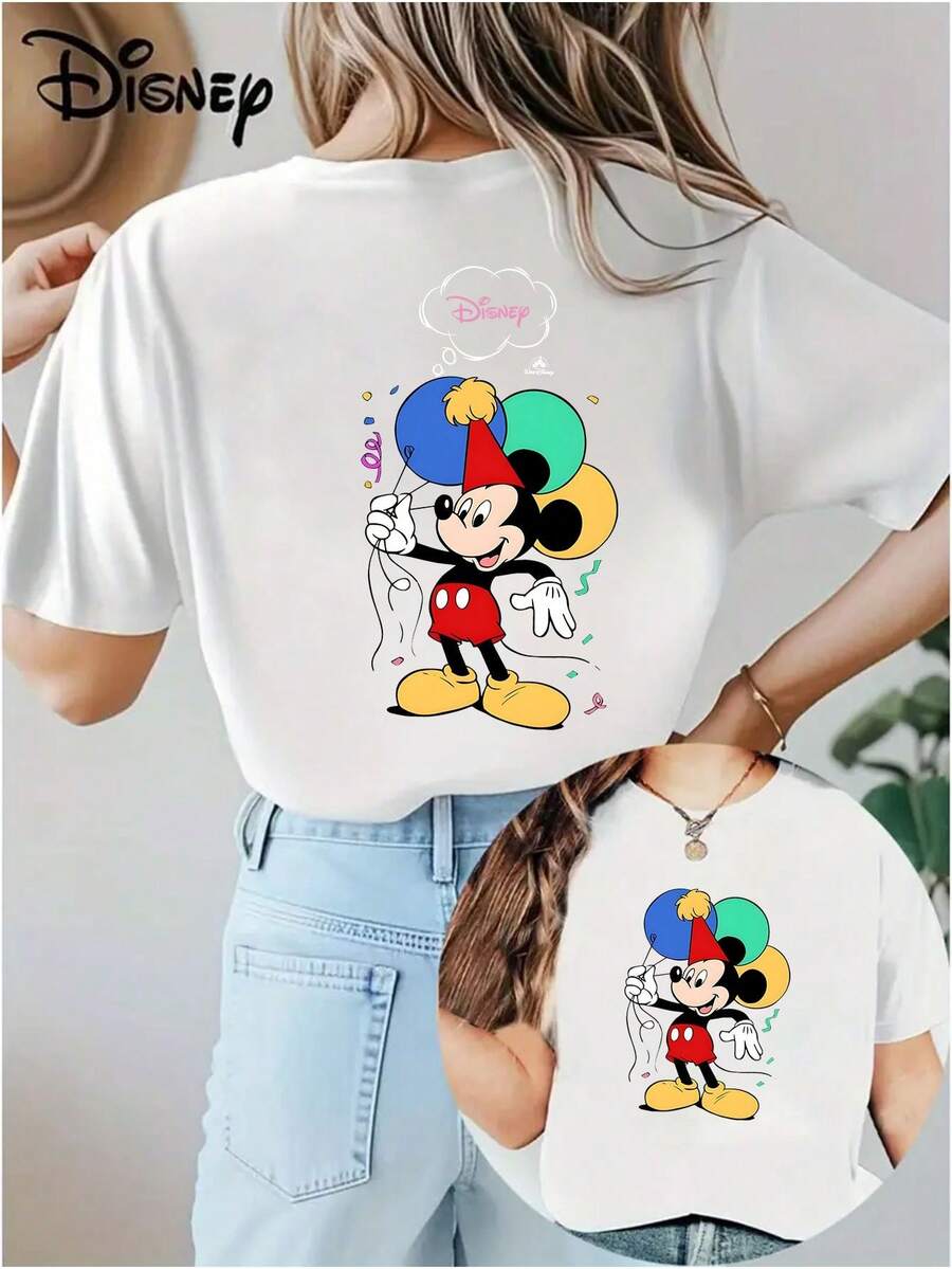 Soft Cotton Women's T-Shirt | Disney Mickey Mouse Birthday Balloons Graphic | Casual Summer Wear - White - View 1