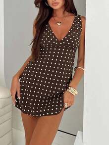 Women Dresses, Sleeveless V Neck Dot Print Casual Club Party High Waist Drawstring Dresses - Marrón - Ver 2