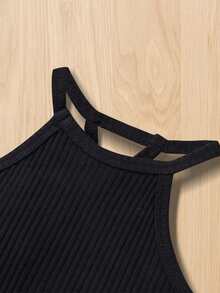 Traje de pantalón para niña, informal, tejido de calle, chaleco de verano, pantalones vaqueros largos con bolsillos - Negro - Ver 4