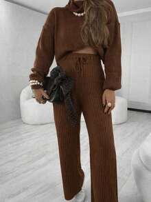 Women's Knit Set With Turtleneck Blouse & Pants - Rust Brown - View 1