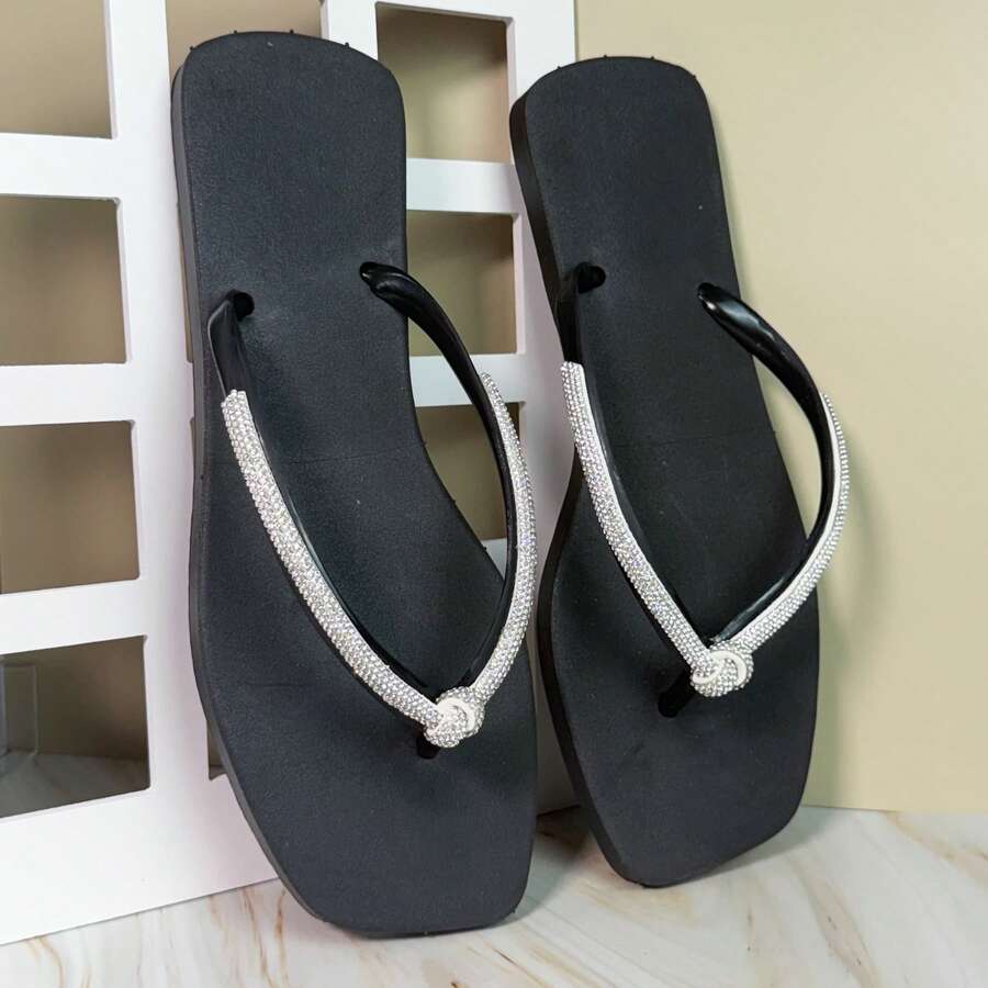 Women's Comfortable Black Square Toe Flip-Flop Sandal With Rhinestone Strap And Bow - Black - View 1