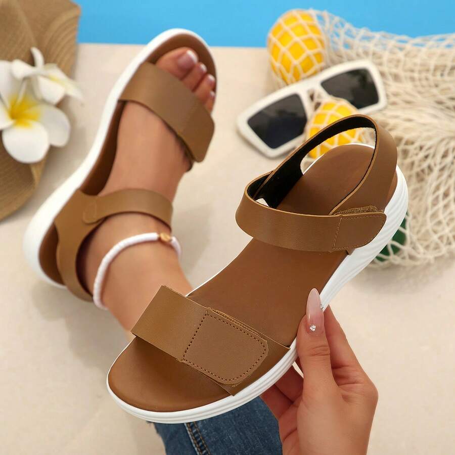 Women's Casual Sandals, New Minimalist Design, Fashion Roman Style, Soft Flat Sole, Multiple Colors, Large Size, Adjustable Strap, Suitable For Spring/Summer, Beach - Mocha Brown - View 1