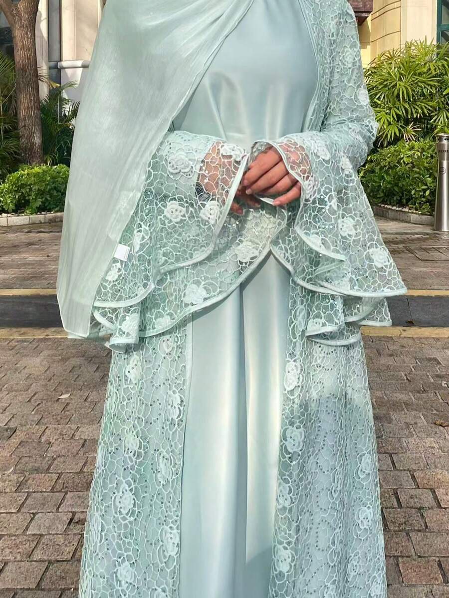 Plus Size Lace Abaya Set, Includes Slip Dress, 2 Pieces Set, Elegant & Dignified Abaya With Lace Inlay Fall - Mint Green - View 1
