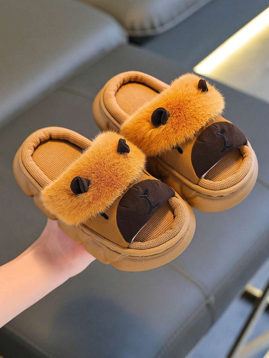 1 Pair New Capybara Design Children's Linen Slippers, Anti-Slip Soft Bottom Toddler House Slippers For Boys And Girls - Khaki - View 1