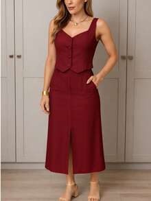 Elegant Women's Tailored Skirt And Vest Set - Maroon - View 5