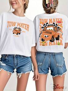 Disney Genuine Authorization, Car Story Die Colorful Pattern Printing Ladies 100% Cotton T-Shirt-Creative Cartoon Printing, Breathable Light Fabric, Regular Round Neck Summer Street Casual Shirt, Black And White Wild Disney Shirt, Holiday Gift, Unisex. - 白色 - 查看 1