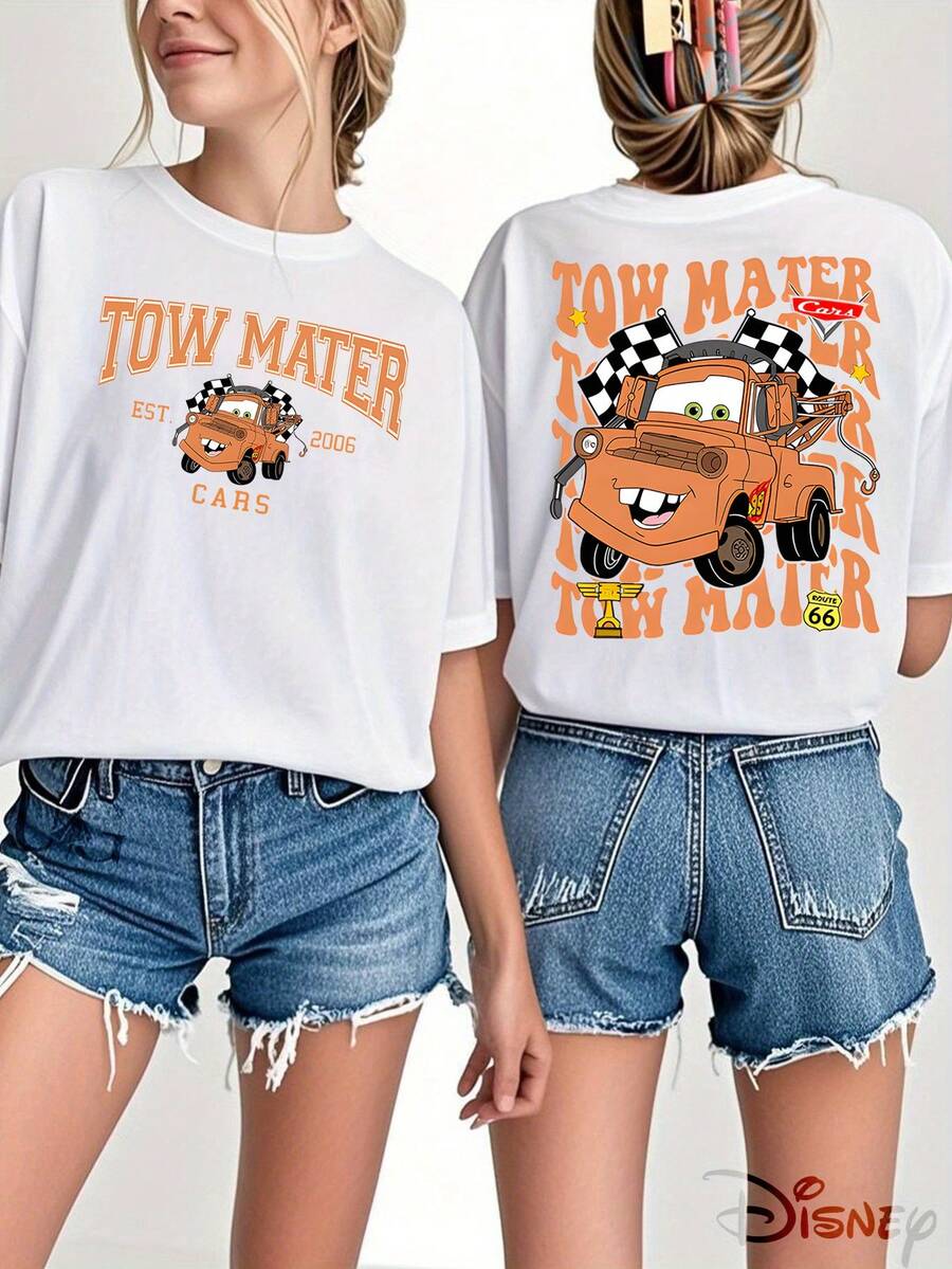 Disney Genuine Authorization, Car Story Die Colorful Pattern Printing Ladies 100% Cotton T-Shirt-Creative Cartoon Printing, Breathable Light Fabric, Regular Round Neck Summer Street Casual Shirt, Black And White Wild Disney Shirt, Holiday Gift, Unisex. - 白色 - 查看 1