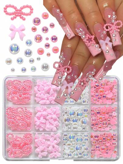 12 Grids Nail Art Decorations Set - 3D Pink Bow Charms With Shiny Pearls Beads, Pink White Pearls Resin Nail Gems For Acrylic Nails, DIY Manicure Accessories For Women & Girls, Perfect For Nail Salon & Home Use