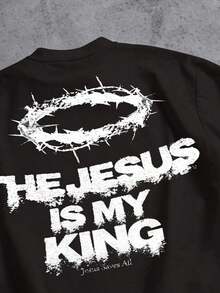 2026Manfinity  Boxy Cropped Loose Distressed Thorn Wreath "JESUS IS MY KING" Graphic White Short Sleeve T-Shirt (High Quality)Loose And Comfortable,Casual And Easy-Goin,High-Quality Wax Printed Cotton Retro FashionBrand T-Shirt, Men's T-Shirt, Beach Must-Have, Men's Summer T-Shirt, Holiday Gift, - 黑色 - 查看 3