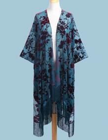 WeHello Women's Boho Burnout Velvet Kimono Long Cover Up With Tassel Casual Cardigan Shawl Flowy Fabric Beachwear Suit Womenswear Clothes Swimwear Coverups SpringStatements - 薄荷綠 - 查看 3