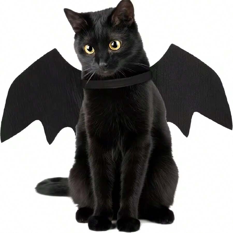 Disfraz de mascota con alas de murciélago ajustables - Hecho de tela de poliéster suave, adecuado para gatos y perros pequeños, excelente para disfraces de Halloween y eventos de cosplay - Negro - Ver 1
