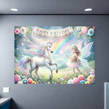 1pc Unicorn & Fairy Theme Birthday Party Banner, Made Of Polyester Fabric, Suitable For Birthday Party, Photography Backdrop, Indoor/Outdoor Decoration, Home Decor And Cake Table Background. High-Quality Printing - Suitable For All Seasons, Can Be Used To Create A Festive Atmosphere And Birthday Party Decoration, Ideal Gift For Party Planners, No Power Required, Can Be Used Indoors And Outdoors, Event Decoration - View 3