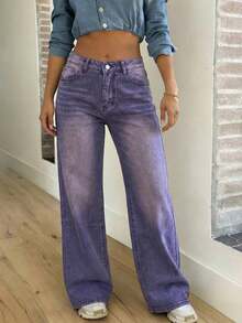 Women's Casual Washed Straight-Leg Jeans - Purple - View 2