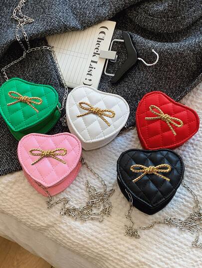 1pc Girl's Mini Heart Shaped Shoulder Bag, Zipper Closure, Cute Bow Metal Decor, Crossbody Bag Suitable For Shopping, Gathering, Daily Use