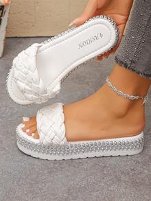 2026 New Rhinestone Embellished Thick Sole Wedge Slippers, Shiny Solid Color Unisex Crystal Sandals For Outdoor Wear, Spring/Summer - White Sponge Strip - View 2