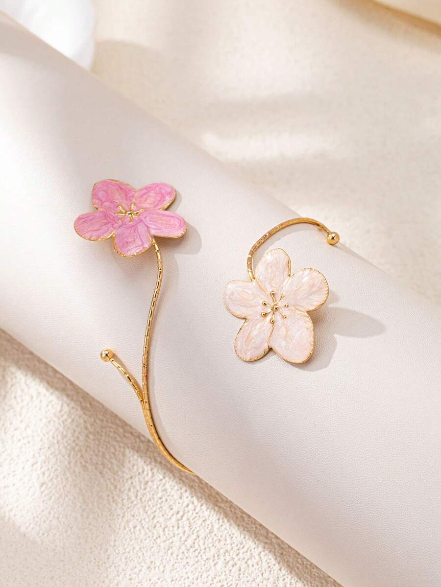 1pc Pink & White Enamel French Floral Arm Cuff | Gold-Tone Feather Arm Bracelet | Summer Beach Resort Jewelry - Pink - View 1
