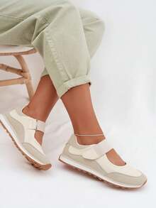 Women's Sporty Half Shoes With Hook-And-Loop Fastener, Made Of Natural Leather, Lightweight, Comfortable, For Everyday Use Beige Black - Beige - View 6
