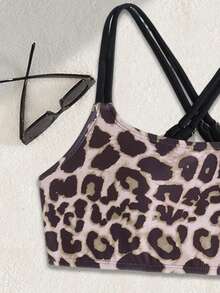 Bộ bikini dệt kim họa tiết da báo dành cho bé gái tuổi teen, thiết kế dây chéo, phong cách thời trang Âu Mỹ, thích hợp cho bơi lội và đi biển mùa hè. - màu nâu - Xem 3