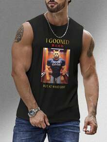 1PC Men's Vest With "I GOONED" Print Design, 180g Pure Cotton Vest, Seamless, Sweat-Wicking, 100% Cotton, Loose American-Style Tank Top For Sports And Fitness. - 黑色 - 查看 1
