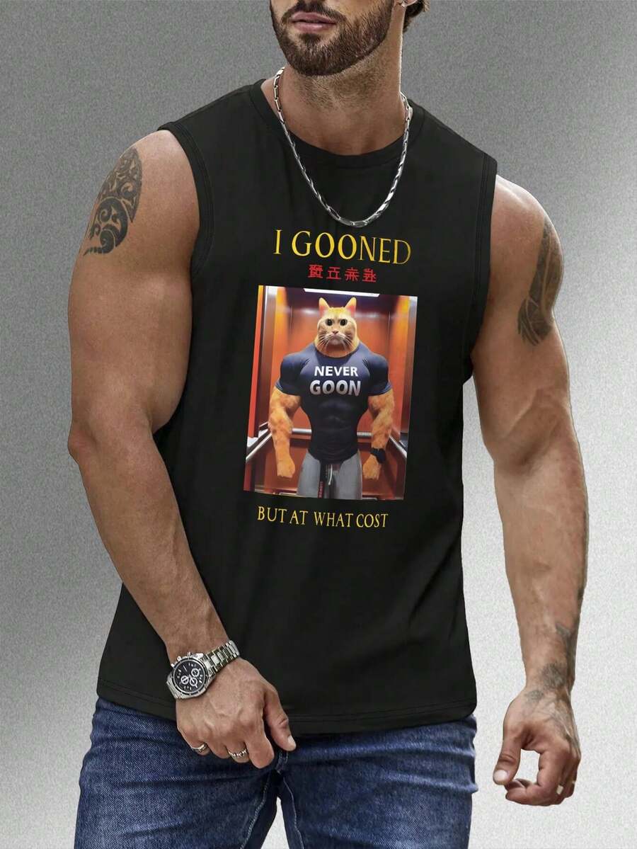 1PC Men's Vest With "I GOONED" Print Design, 180g Pure Cotton Vest, Seamless, Sweat-Wicking, 100% Cotton, Loose American-Style Tank Top For Sports And Fitness. - 黑色 - 查看 1